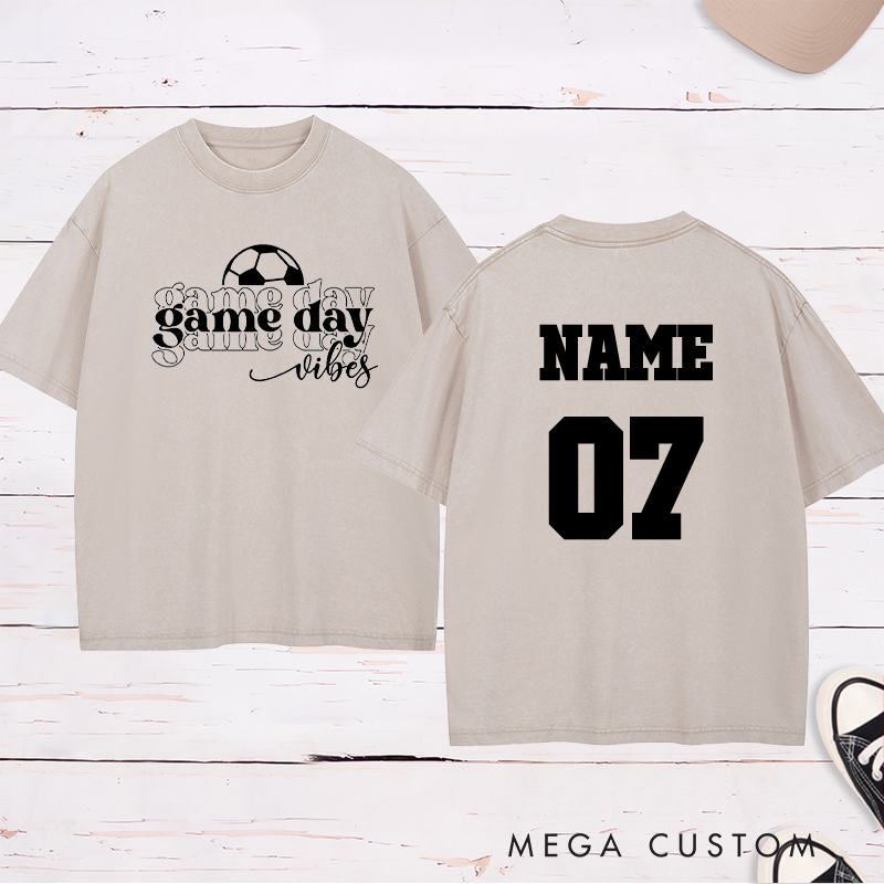 Personalized Game Day Vibes Washed T-Shirt Featuring Layered Typography and Custom Name and Number