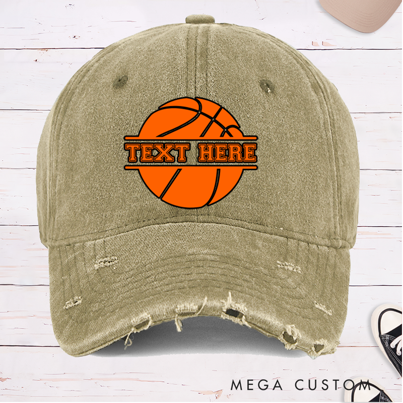 Personalized Distressed Basketball Cap with Custom Text and Bold Basketball Graphic Design