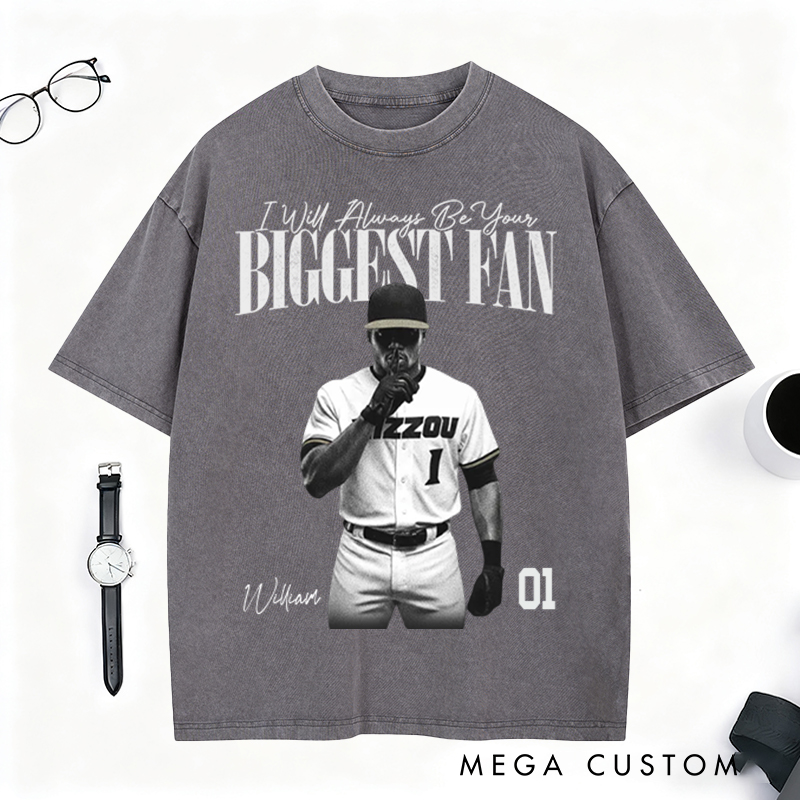 Personalized Biggest Fan Washed T-Shirt with Player Image and Name Customization