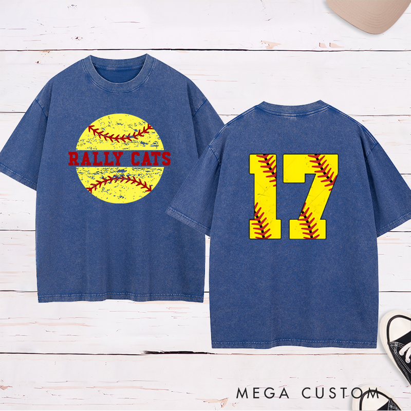 Personalized Softball Washed T-Shirt Design Featuring Distressed Player Number with Bold Softball Stitching Graphics