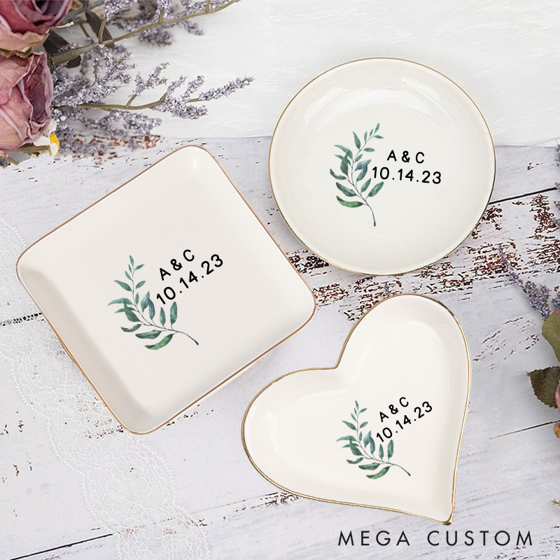 Personalized Elegant Watercolor Fern Leaves with Initials and Date Wedding Engagement Gold-Trimmed Ring Dishes