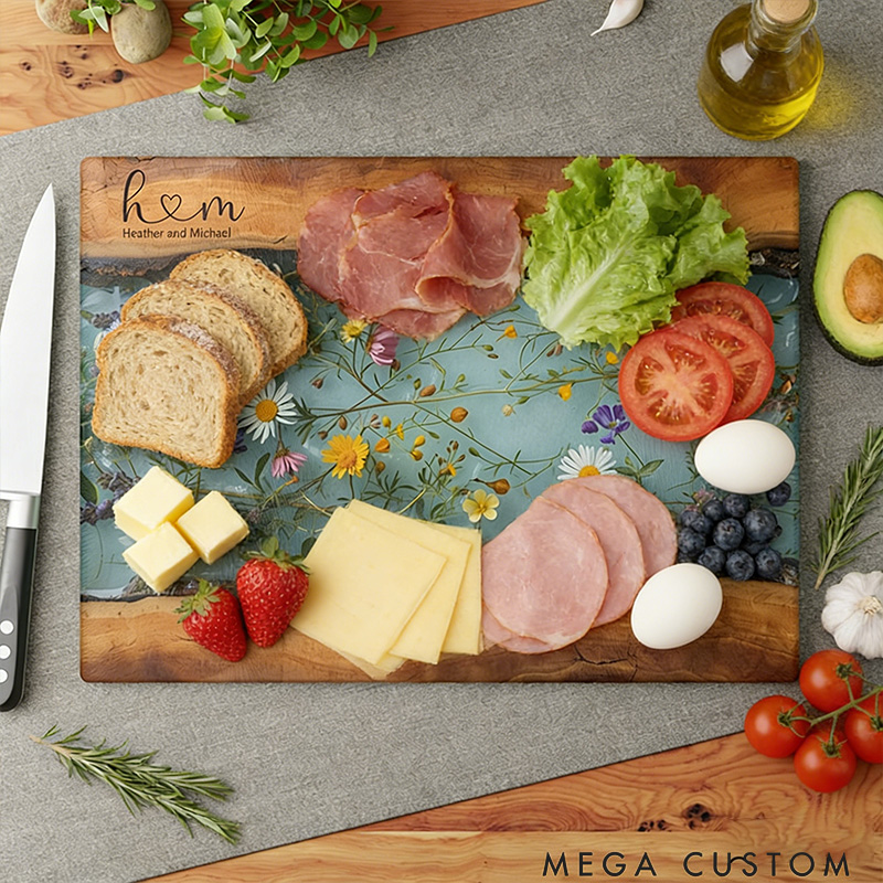 Personalized Glass Charcuterie Board Custom Couples Names Cutting Board Maple Wildflower Design Married Wedding Gift