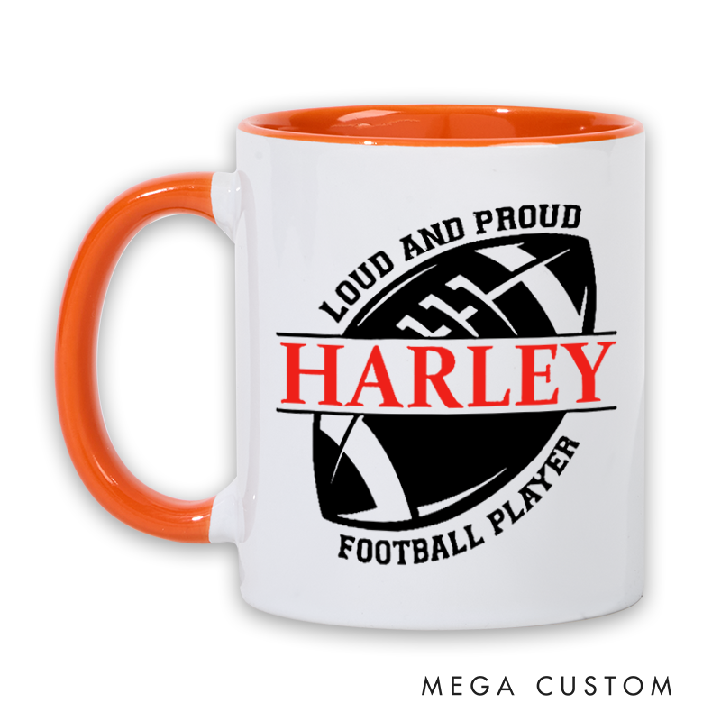 Personalized Rugby Mug with Custom Name Loud and Proud Football Player Design Durable Ceramic and Two Tone Handle