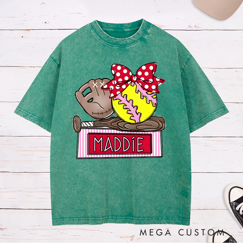 Personalized Softball Washed T-Shirt Design Featuring Custom Name Bright Softball Graphic and Playful Bow Accent