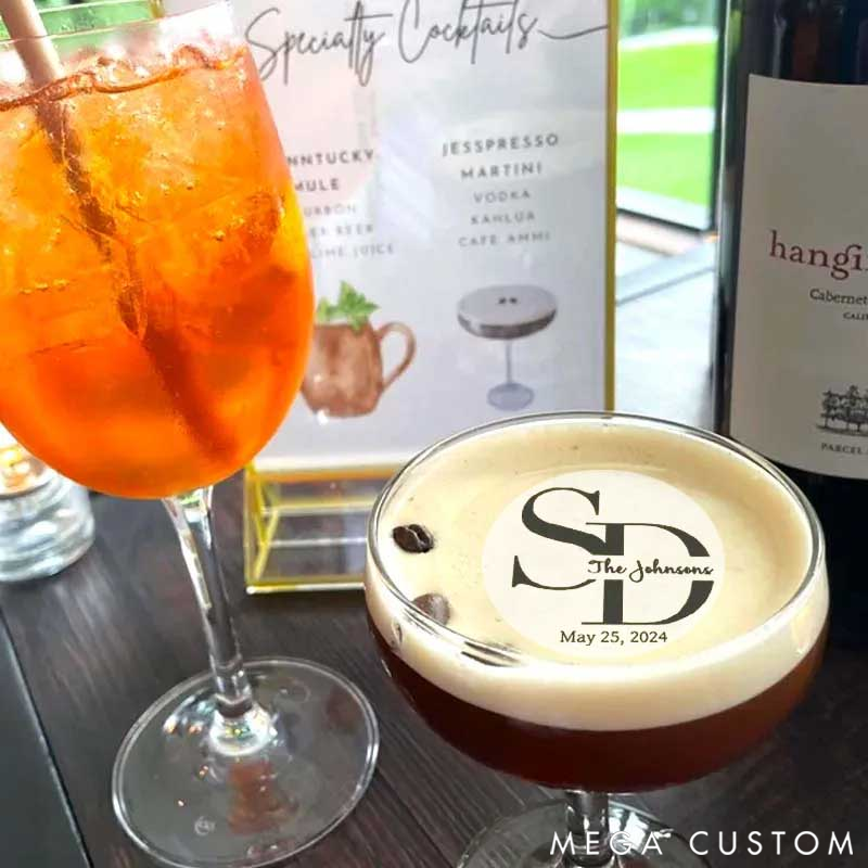 Personalized Edible Clear Circle Wedding Drink Toppers Custom Edible Drink Topper