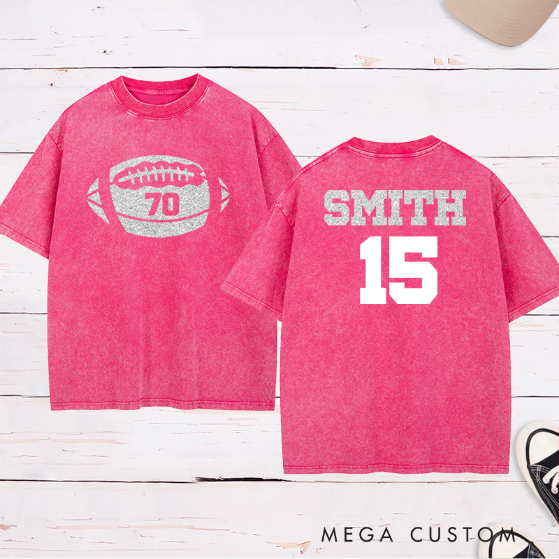 Personalized Glitter American Football and Rugby Washed T-Shirt with Custom Name and Number on the Back