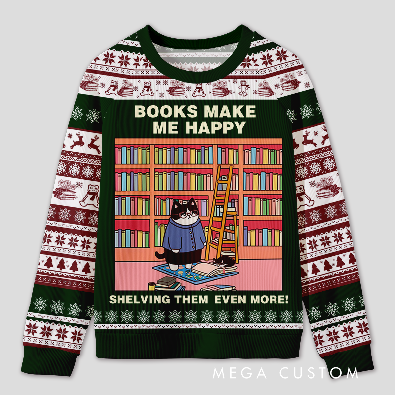 Personalized Hilarious Cat Rearranging Bookshelves Ugly Sweater Holiday Gift for Cat-Loving Book Loves