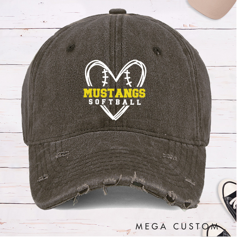 Personalized Distressed Denim Softball Cap with Custom Team Name and Heart Shaped Softball Design