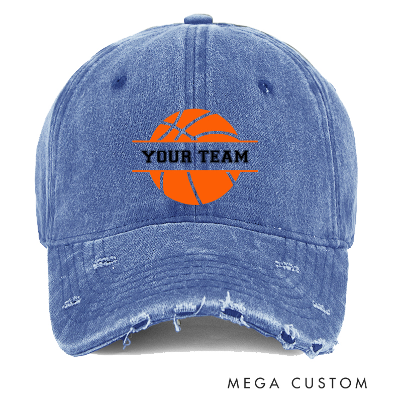 [Copy]Personalized Distressed Denim Basketball Cap with Custom Team Name Player Title and Number Design