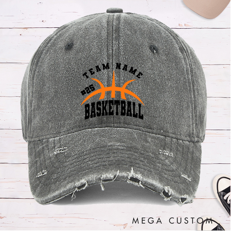 Personalized Distressed Denim Basketball Cap with Custom Team Name Player Number and Basketball Graphic Design