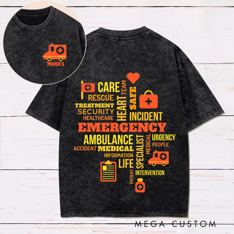 Personalized Two Sides Printed Washed T-Shirt Customized Emergency Care Word Cloud Design Washed T-Shirt 