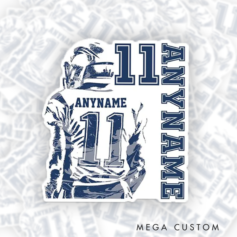 Personalized American Football Player Sport Sticker with Custom Name and Number on the Player Back
