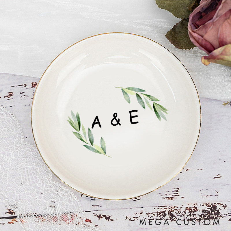 Personalized Watercolor Leafy Branches with Initials Wedding Engagement Gold-Trimmed Ring Dishes