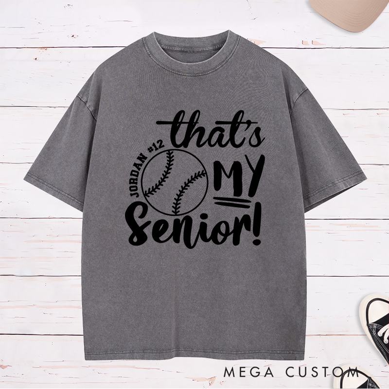 Personalized Senior Softball Spirit Washed T-Shirt Design Perfect for School Teams Featuring Custom Name Number and Bold Text with a Softball Graphic