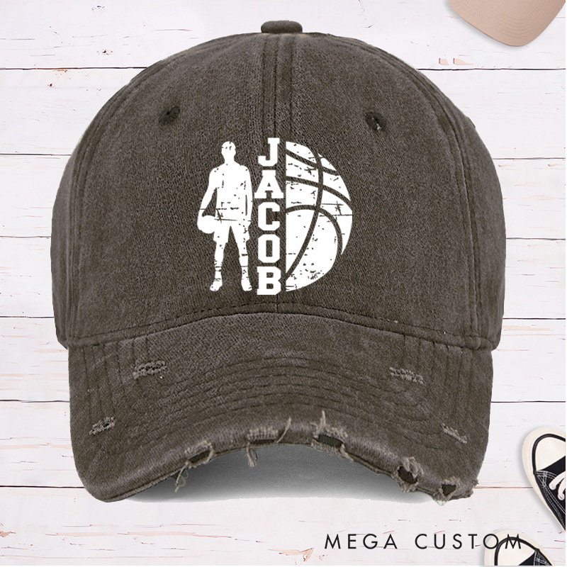 Personalized Distressed Denim Basketball Cap with Custom Name Player Silhouette and Bold Graphic Design
