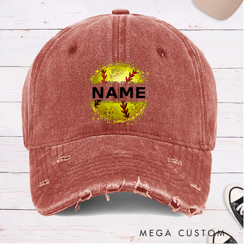 Personalized Distressed Denim Softball Cap with Custom Name and Softball Graphic Design
