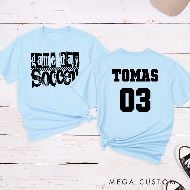 Personalized Game Day Soccer T-Shirt with Grunge Checkerboard Design and Custom Name and Number