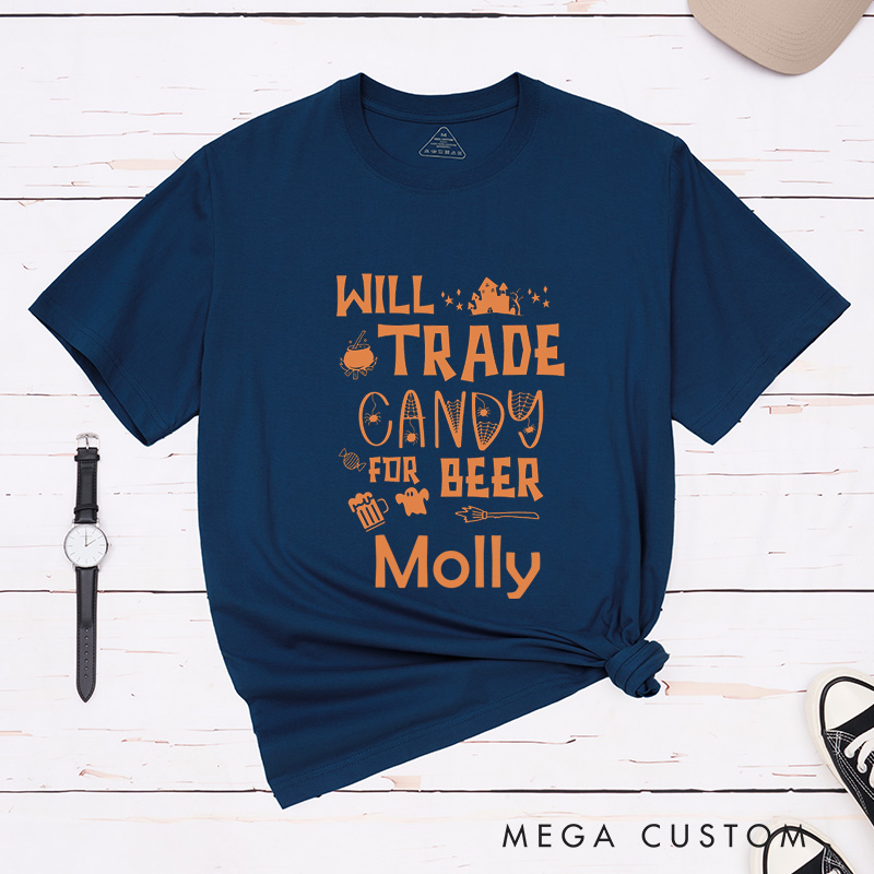Personalized Will Trade Husband for Wine Will Trade Candy for Beer Halloween Couple Matching T-Shirt for Couple
