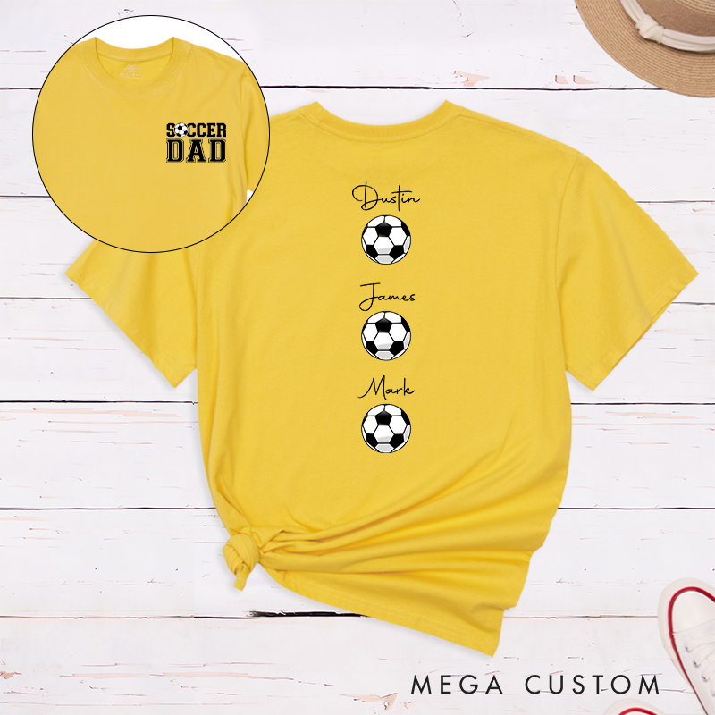 Personalized Soccer Dad T-Shirt with Custom Kids’ Names and Ball Graphics
