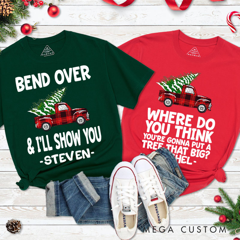 Personalized Couple Funny Bend Over and I’ll Show You Christmas T-Shirt Couple Xmas Plaid Truck Matching T-Shirt for Husband Wife Boyfriend Girlfriend