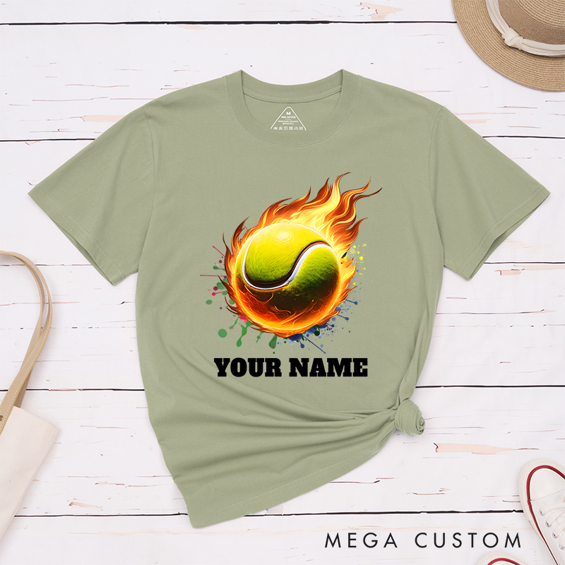 Personalized Tennis T-Shirt with Flaming Ball and Custom Name 