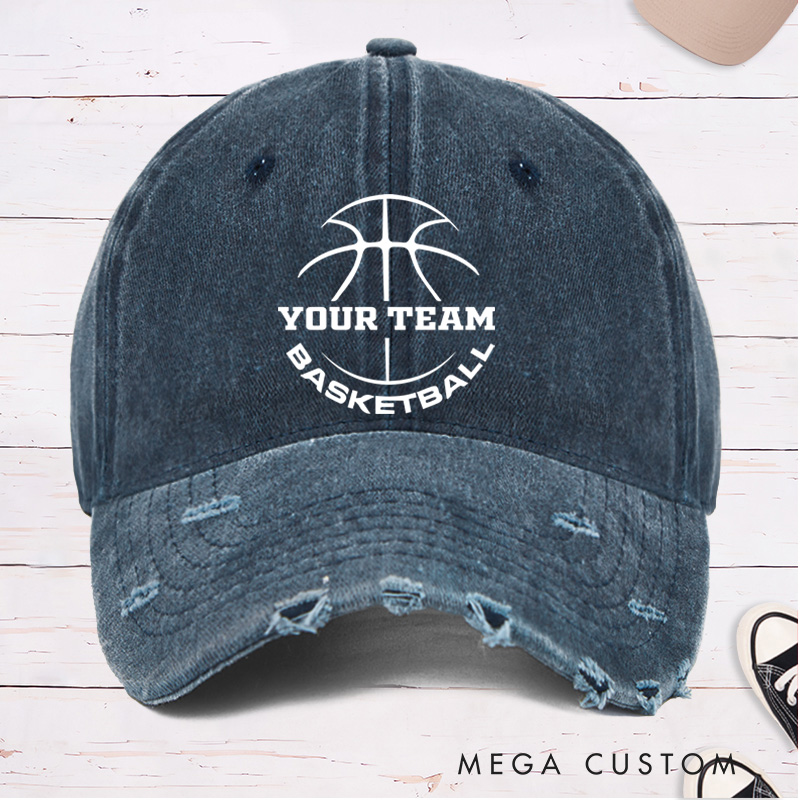 Personalized Distressed Denim Basketball Cap with Custom Team Name and Classic Basketball Design