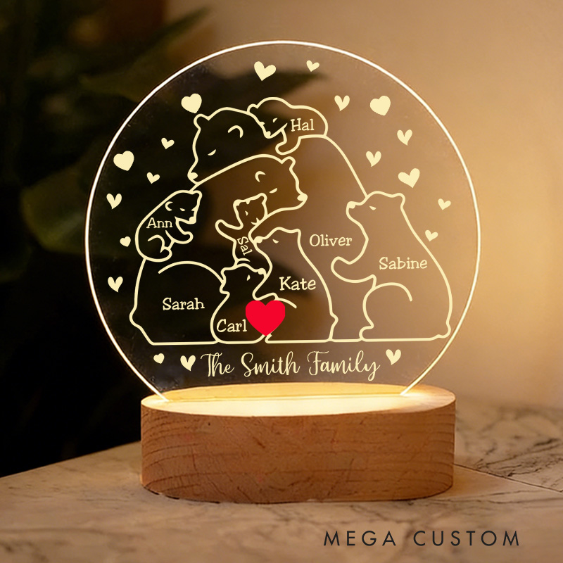 Personalized Heart Bear Family Acrylic LED Night Light with Wooden Base and Text Home Decor Gift for Mom Dad Family Bedroom Living Room Decor