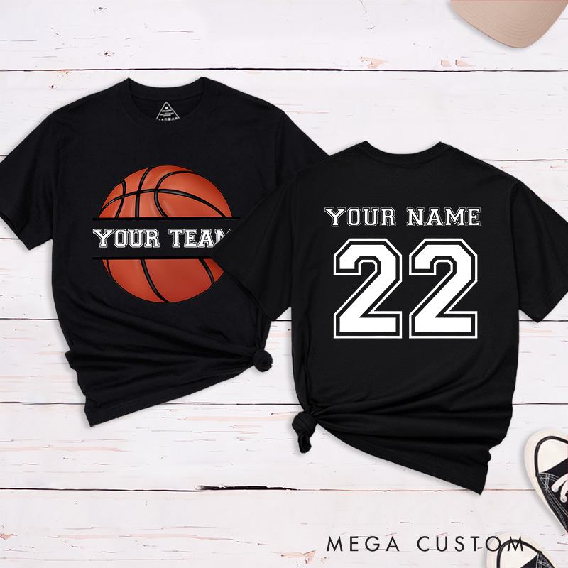 Personalized Basketball T-Shirt with Custom Team Name Player Name and Jersey Number Featuring a Classic Basketball Graphic