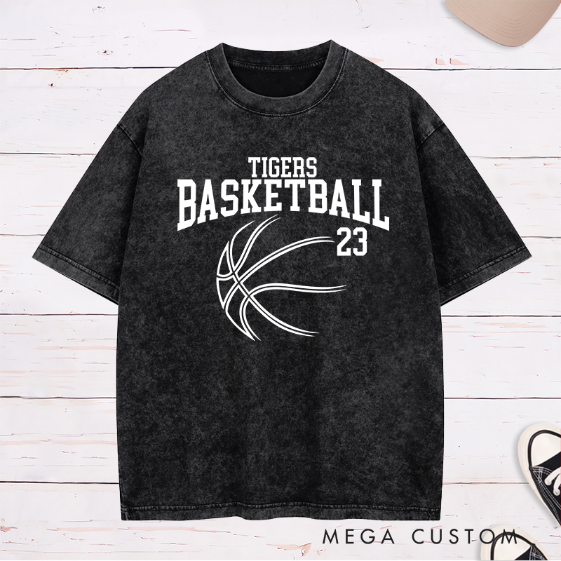 Personalized Washed T-Shirt Design Featuring Custom Team Name and Player Number with Sleek Basketball Graphic in a Bold Arch Layout