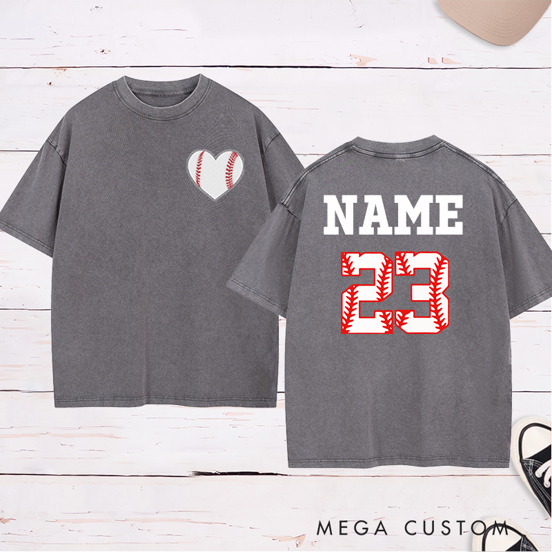 Personalized Baseball Heart Washed T-Shirt with Custom Name and Number 