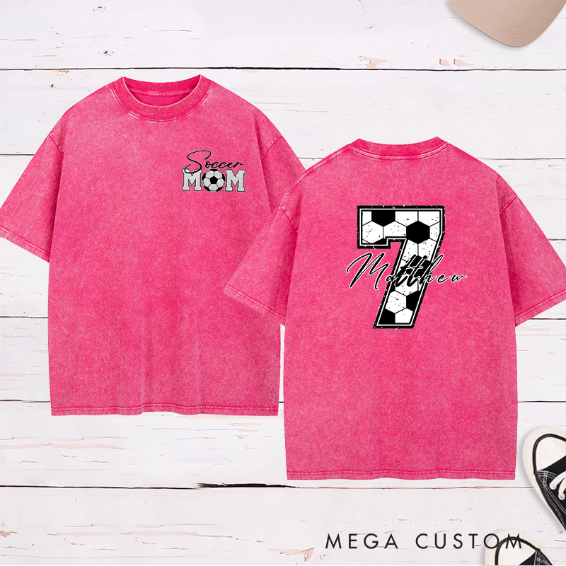Personalized Soccer Mom Washed T-Shirt with Custom Name and Number Design