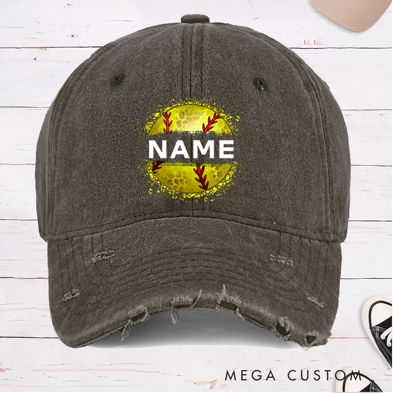 Personalized Distressed Denim Softball Cap with Custom Name and Softball Graphic Design