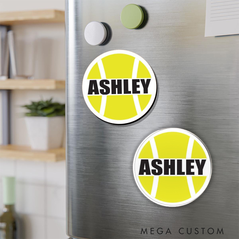 Personalized Tennis Fan Fridge Magnet Classic Yellow Ball with Bold Text  