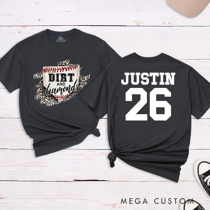 Personalized "Dirt and Diamonds" Baseball T-Shirt with Custom Name and Number