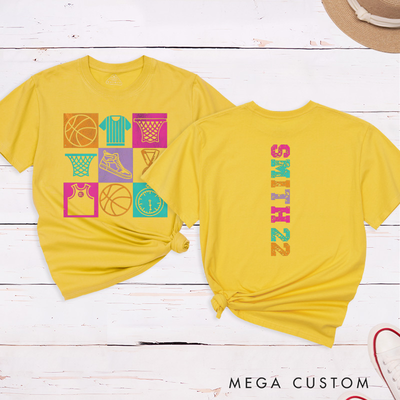 Personalized Basketball T-Shirt Design Featuring Colorful Sports-Themed Graphics on the Front with Customizable Name and Number on the Back