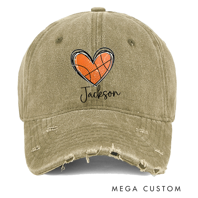 Personalized Distressed Basketball Cap with Heart-Shaped Ball Design and Custom Name