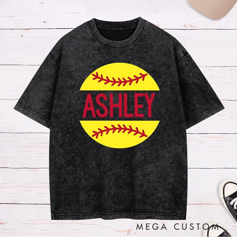 Personalized Softball Washed T-Shirt Design Featuring Custom Name Bold Text and Bright Softball Graphic