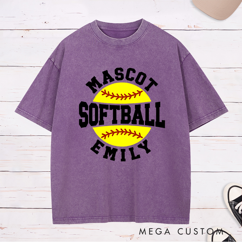 Personalized Softball Washed T-Shirt Design Featuring Custom Team Name Player Name Bold Typography and Vibrant Softball Graphic