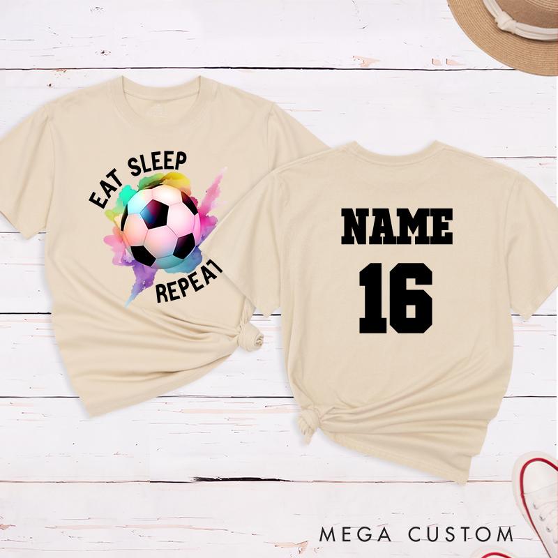 Personalized Soccer T-Shirt with "Eat Sleep Repeat" Design and Custom Name and Number
