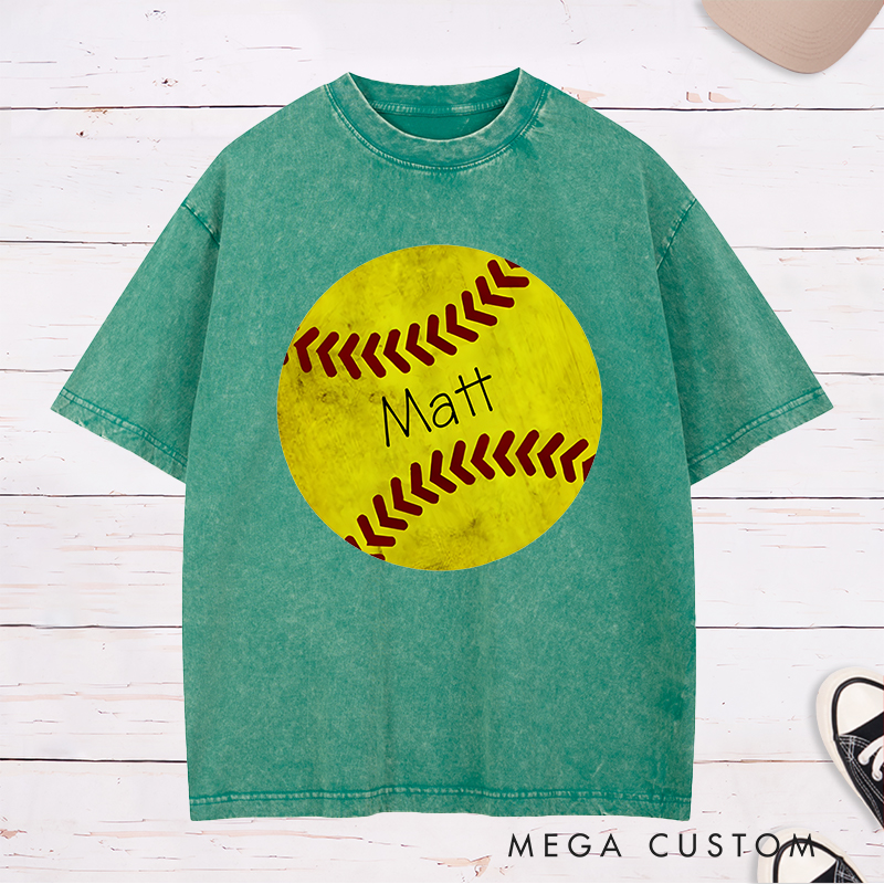 Personalized Softball Washed T-Shirt Design Featuring Custom Name Inside a Bold Softball Graphic