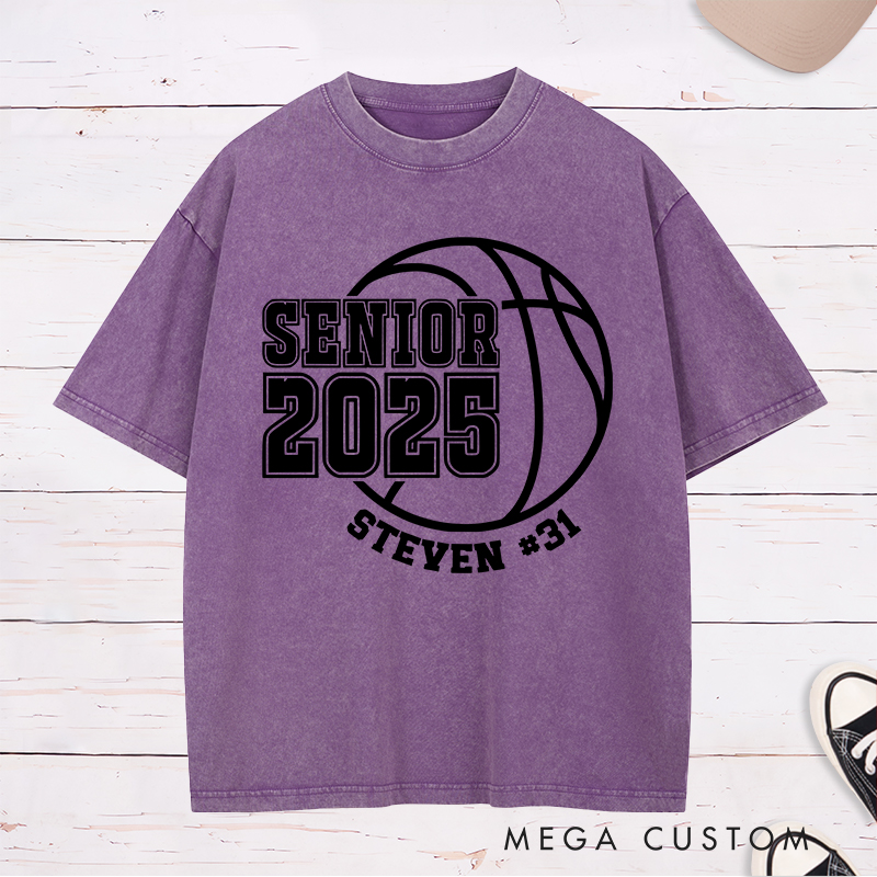 Personalized Washed T-Shirt Design Featuring Senior Year Basketball Graphic with Customizable Name and Number