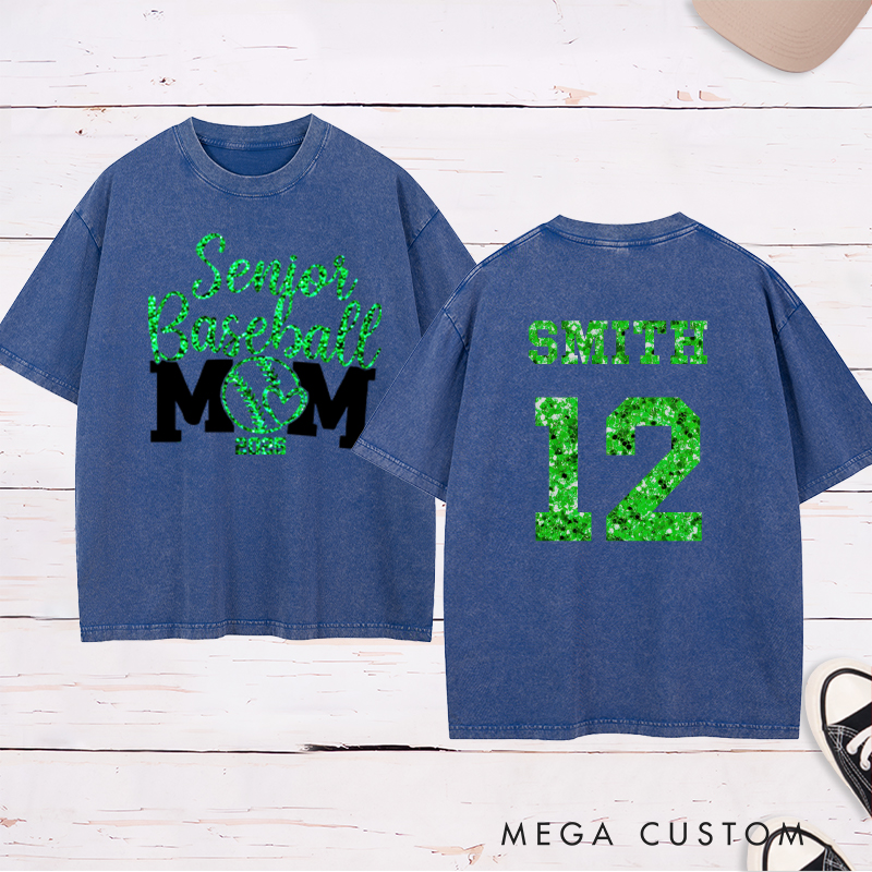 Personalized Senior Baseball Mom Washed T-Shirt with Custom Name and Number
