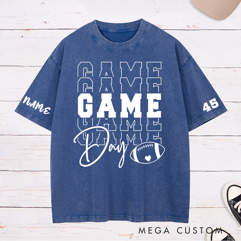 Personalized American Football and Rugby Washed T-Shirt with Custom Name and Number of Game Day
