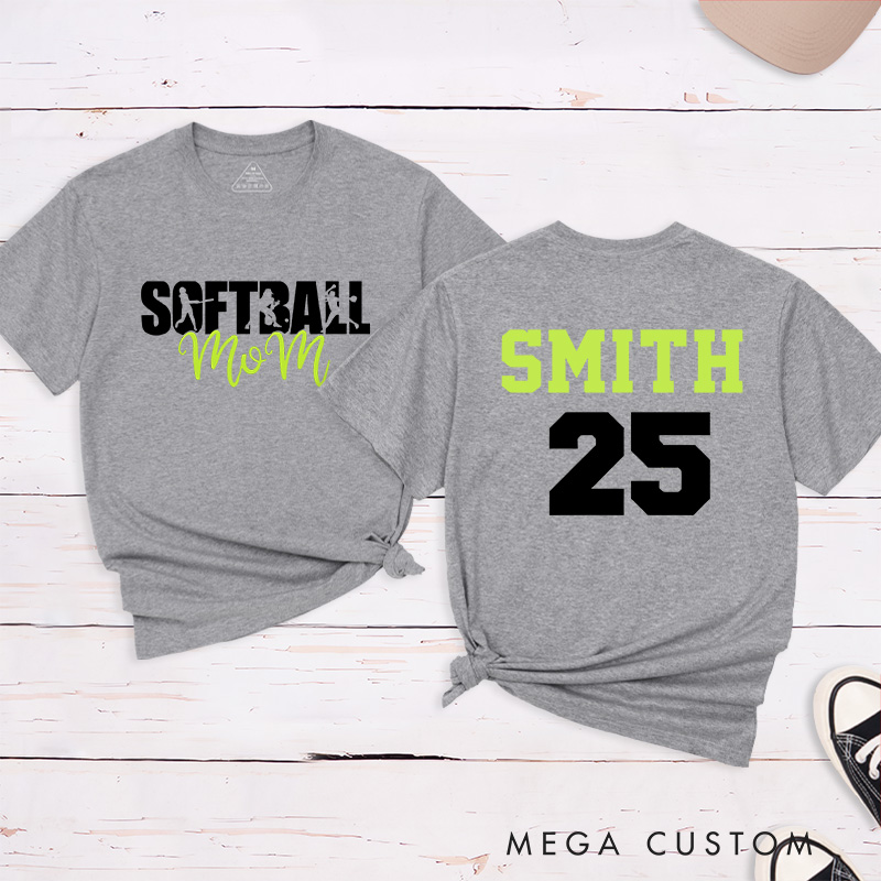 Personalized Softball Mom T-Shirt Design Featuring Bold Front Text with Stylish Script and Custom Name and Number on the Back