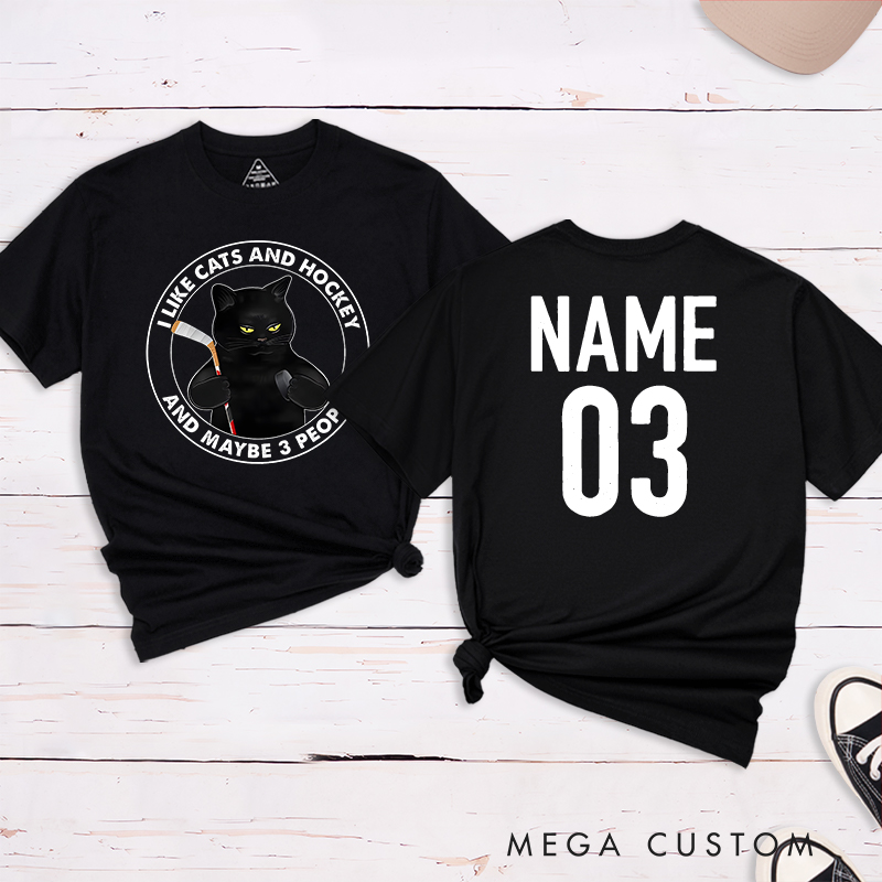 Personalized Funny Cat and Hockey Lover T-Shirt with Custom Name and Number