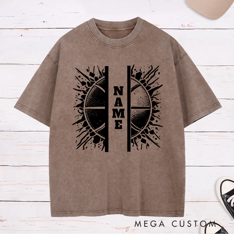 Personalized Washed T-Shirt Design Featuring Split Basketball Graphic with Customizable Vertical Name