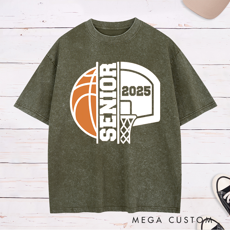 Personalized Washed T-Shirt Design Featuring Bold Basketball Graphics Highlighting "Senior" Status and a Customizable Graduation Year