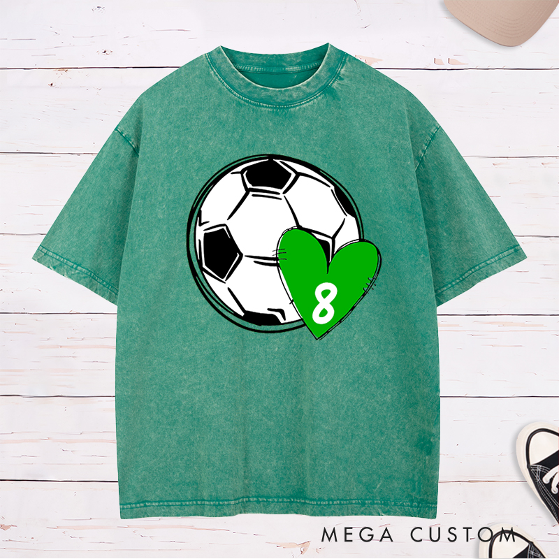 Personalized Soccer Love Washed T-Shirt with Custom Number in Heart