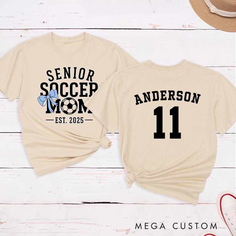 Personalized Senior Soccer Mom T-Shirt with Custom Name, Number, and Graduation Year