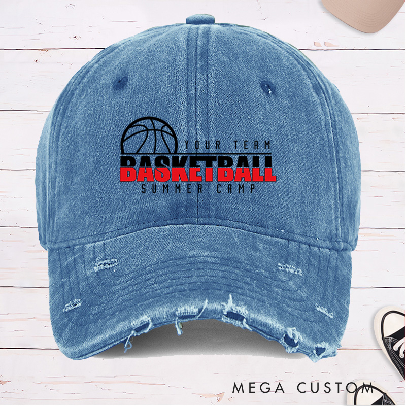 Personalized Distressed Denim Basketball Cap with Custom Team Name and "Basketball Summer Camp" Design